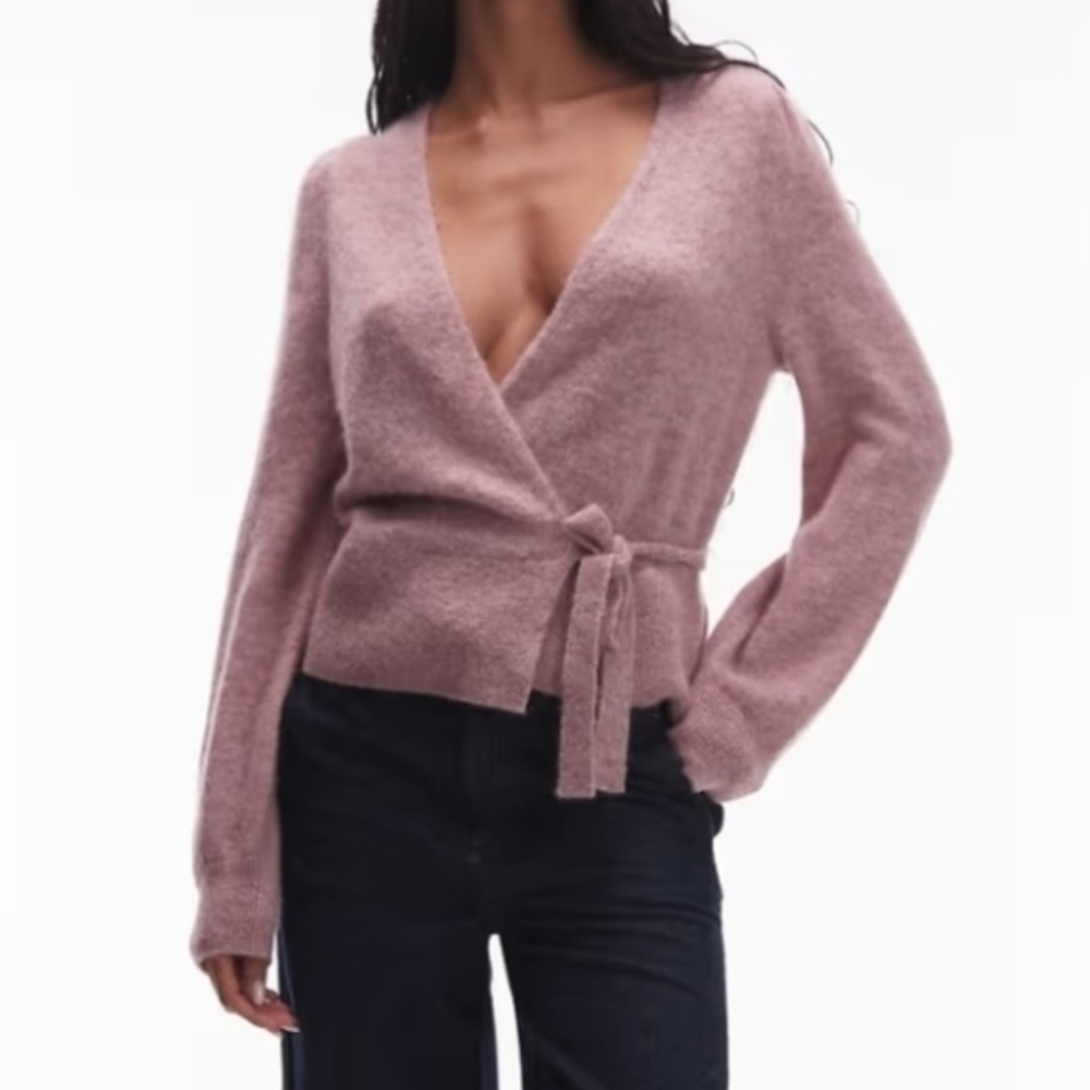 & Other Stories Pink Wool Mohair Knit Wrap Sweater Puff Sleeves Coquette Luxury